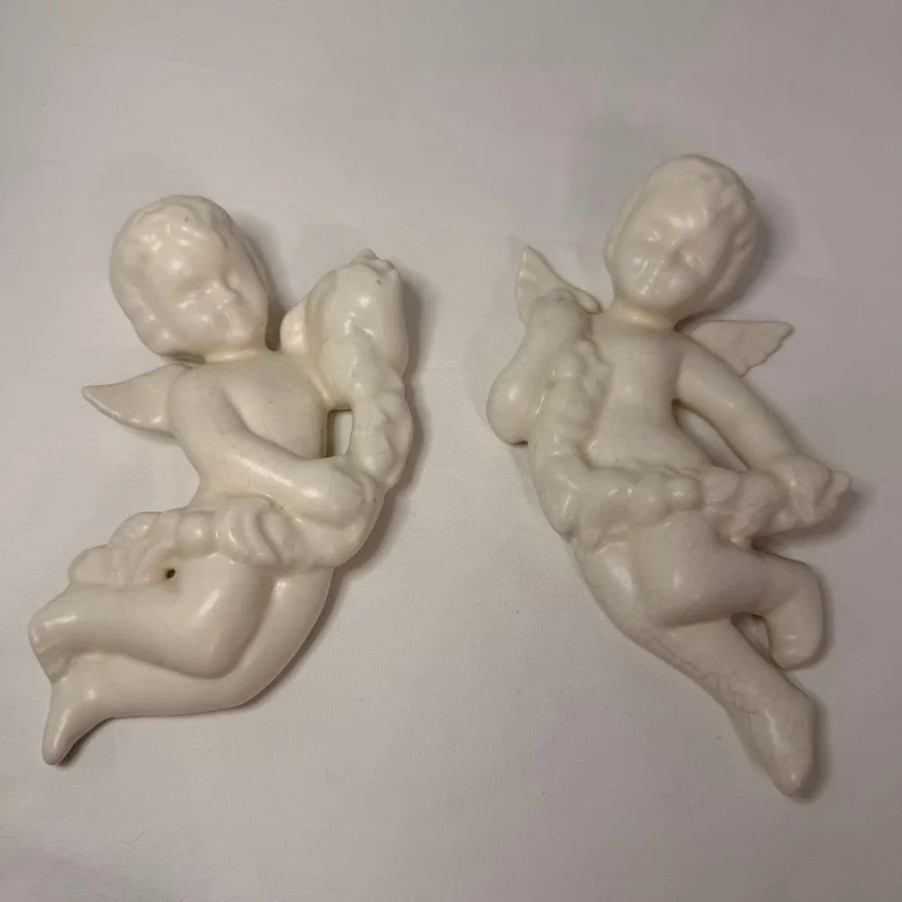Vintage Ceramic Cherub Wall Hanging Pair Cream Angel Garland Set 7 Inch Cherubim